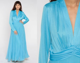 Grecian Maxi Dress 70s Party Dress Blue Chiffon Pleated Dress 1970s Boho Empire Waist Deep V Neck Gown Formal Dress Long Sleeve Large 12