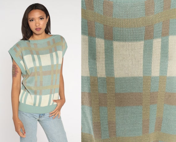 Checkered Knit Shirt 80s Seafoam Green Knit Top Cap Short Sleeve Sweater Top Boatneck Retro Vest Vintage Boat Neck Slouch 1980s Medium Large