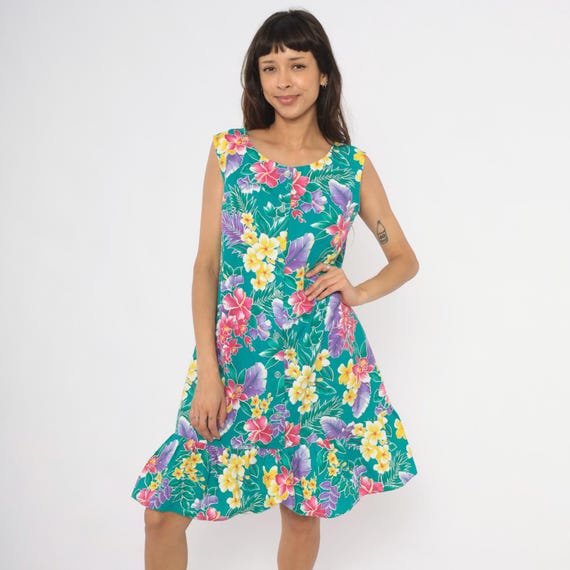 Tropical Floral Sundress 80s Teal Sleeveless Cotton Drop Waist Ruffle Hem Pink Purple Yellow Hawaiian Summer Shift Dress Extra Large XL