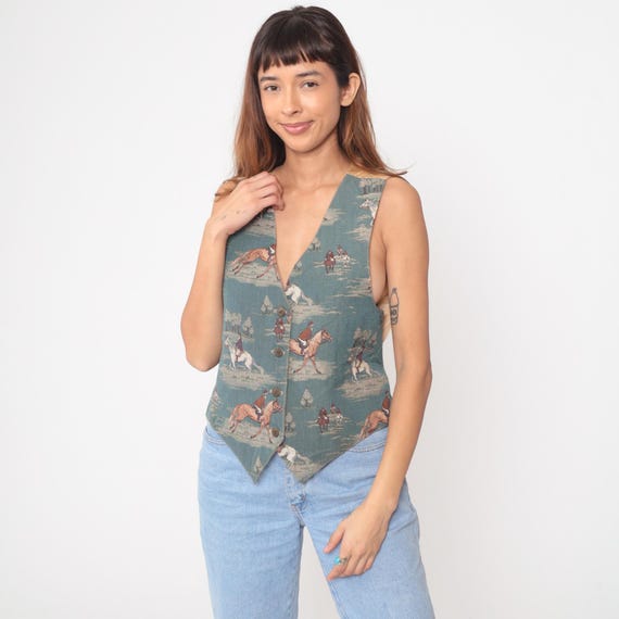 90s Equestrian Vest Cotton Horse Print Sleeveless V Neck Hunt Scene Green Hunting Vintage Waistcoat Preppy English Country Extra Large XL