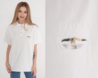 Alaska T-Shirt 90s Henley T Shirt Embroidered Whale Tail Graphic Tee Button up AK Tourist Travel TShirt Retro White Vintage 1990s Large L