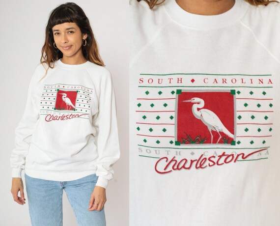 90s Charleston South Carolina Sweatshirt Vintage Great Egret Bird Graphic Pullover Crewneck Tourist Travel White Raglan Sleeve 1990s Medium
