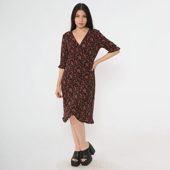 90s Black Floral Dress Faux Wrap V Neck Midi Dress Vintage 1990s Tulip Hem Stretch Roses Print Dress Lettuce Edge Half Sleeve Medium 10