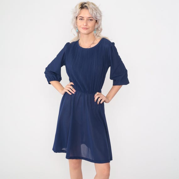80s Puff Sleeve Dress Navy Blue Mini Semi-Sheer Secretary High Waisted 1980s Retro Vintage Plain 3/4 Sleeve Pleated Blouson Medium Large
