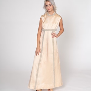 Champagne Beaded Gown 60s Party Dress Sparkly Maxi Dress Formal Retro Prom Empire Waist Dress Glam Cocktail Sleeveless Vintage 70s Small S