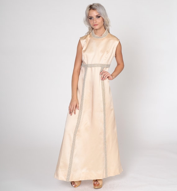 Champagne Beaded Gown 60s Party Dress Sparkly Maxi Dress Formal Retro Prom Empire Waist Dress Glam Cocktail Sleeveless Vintage 70s Small S