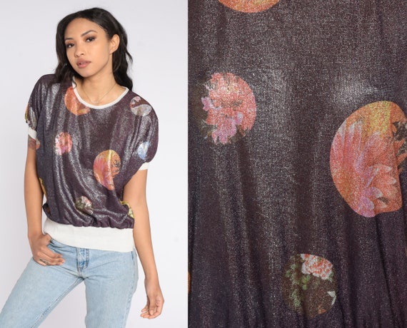 Metallic Shirt Y2K Floral Planet Print Blouse Short Sleeve Banded Hem Sparkly Top Cosmic Boho Psychedelic Tee 00s Ringer Vintage Small S
