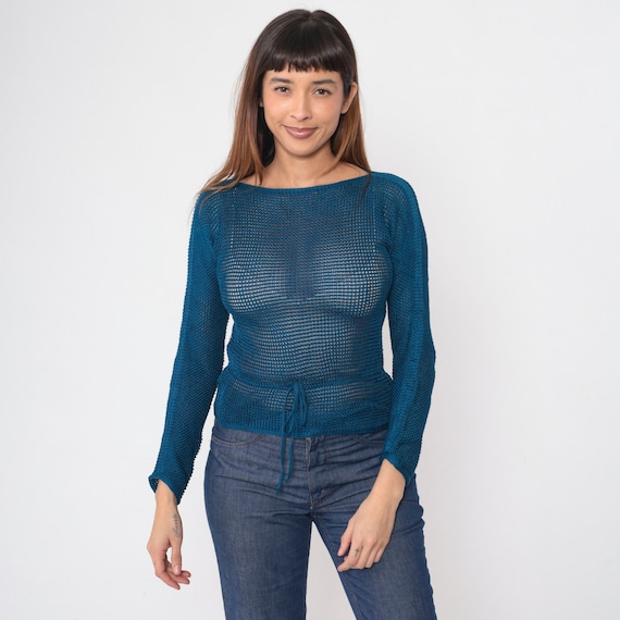 70s Missoni Sweater Sheer Mesh Knit Blue Boatneck Drawstring Waist Pullover Retro Boho Vintage 1970s Cotton Open Weave Small xs s