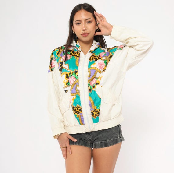Baroque Rose Windbreaker 90s Floral Jacket White Teal Gold Scroll Purple Pink Colorful Shell Track Coat Vintage Athletic Wear Petite Small S
