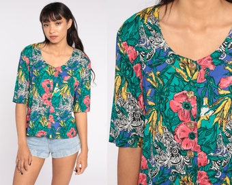 Tropical Floral Blouse 80s Button Up Short Sleeve Top 1980s Vintage Bohemian Jungle Shirt Bright Blue Green 90s Medium Large