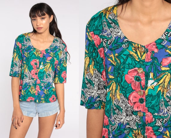 Tropical Floral Blouse 80s Button Up Short Sleeve Top 1980s Vintage Bohemian Jungle Shirt Bright Blue Green 90s Medium Large