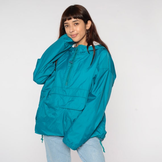 Teal Hooded Windbreaker 90s Pullover Half Zip Jacket Hoodie Warm Up Pocket Hood Hipster Streetwear Vintage 1990s Lands End Blue Large L