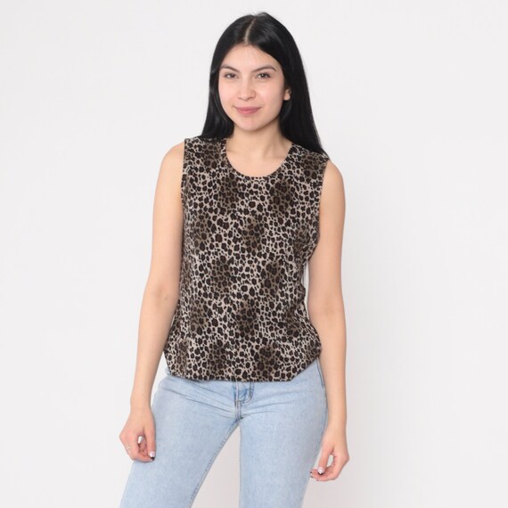 Leopard Print Tank Top 90s Sleeveless Shirt Animal Cheetah Jungle Print Pleated Blouse Boho Summer Hippie Glam Retro Vintage 1990s Medium M