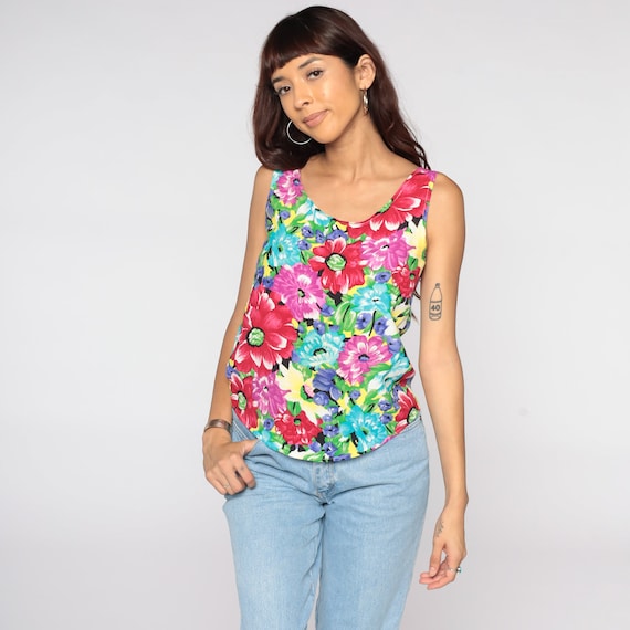 Floral Tank Top 90s Tropical Shirt Sleeveless Blouse Belted Shirt Boho Top 1990s Bohemian Summer Vintage Sleeveless Extra Small xs