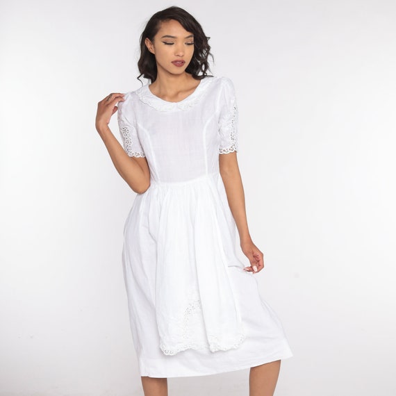 White Lace Dress 80s Peasant Lace Dress Linen Cotton Boho Puff Sleeve Dress Apron Midi Vintage Hippie Bohemian Slouchy High Waisted Small