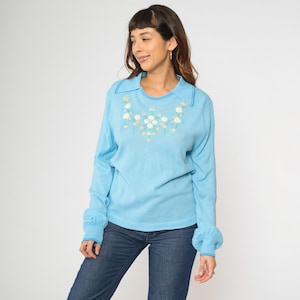 Vintage 70s Embroidered Floral Sweater Light Blue Knit Cottagecore 1970s Pastel Boho Hippie Ringer Romantic Long Sleeve Pointed Collar Large