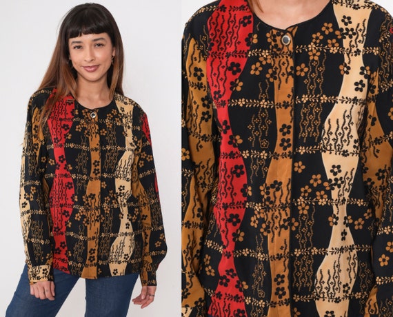 Floral Button Up Shirt 90s Blouse Dark Striped Flower Print Hidden Button Black Red Brown Long Sleeve Top 1990s Vintage Medium Large