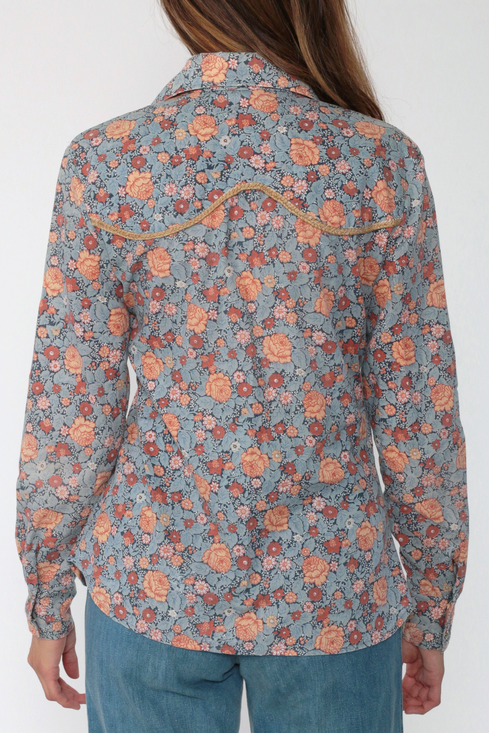 Western Floral Blouse 70s Floral Shirt Blue Pearl Snap Shirt 1970s ...