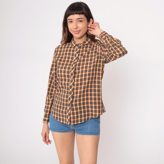 90s Plaid Shirt Yellow Red Green Navy Blue Checkered Pattern Button Front Long Sleeve Cotton Grunge Prairie Vintage Tartan Blouse Small S