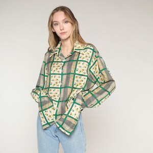 70s Disco Shirt Yellow Green Button up Checkered Paisley Equestrian Print Long Sleeve Top Horseshoe French Horn Vintage 1970s Mens Large L image 3