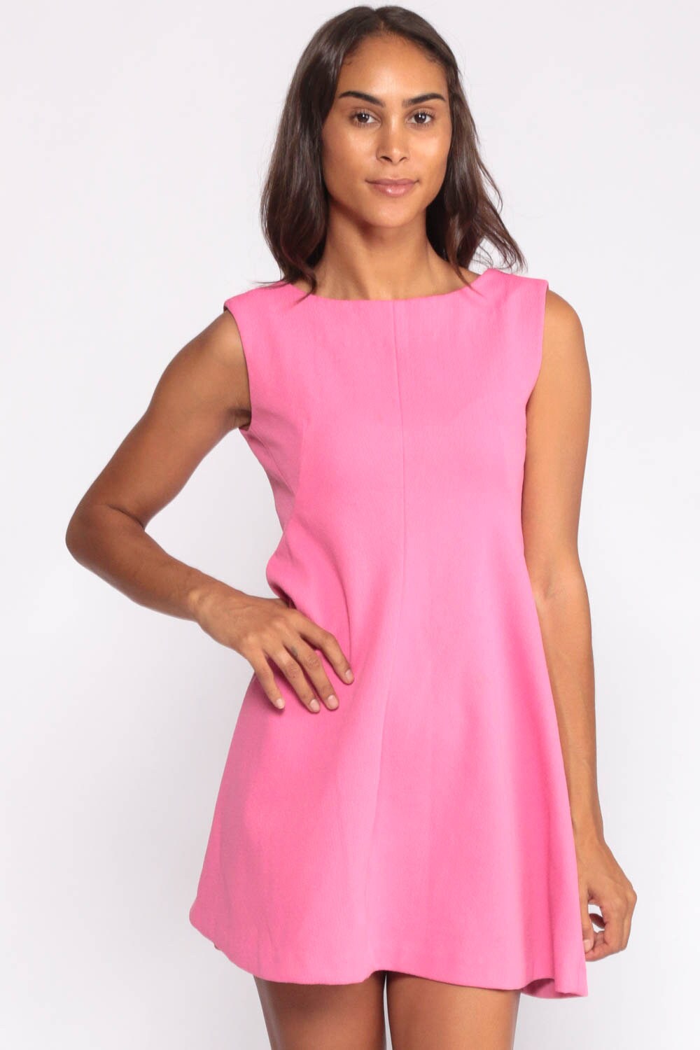 Pink Mini Dress Shift Dress 60s Mod Sleeveless Twiggy Plain Fit and Flare Gogo 70s Vintage 