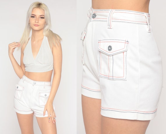 70s White Shorts Hotpants High Waisted Retro Mod Shorts Red Blue Pin Up Hot Pants High Rise Pinup Seventies Vintage 1970s Extra Small xs