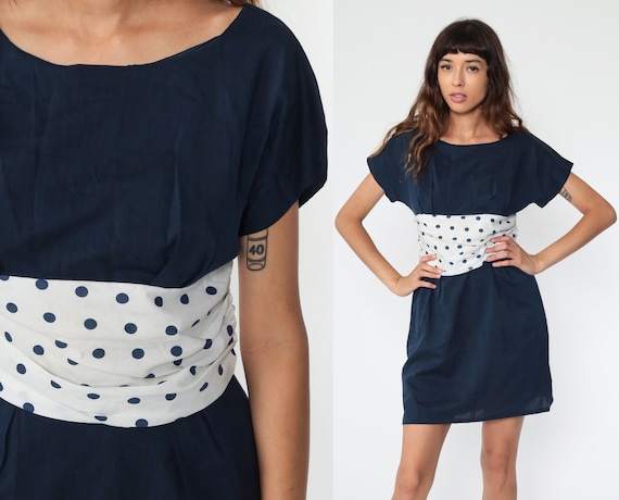 60s Cocktail Dress MINI Navy Blue Polka Dot HOURGLASS Mad Men Cap Sleeve 1960s Sheath Party Vintage High Waisted Formal Dress Small Medium