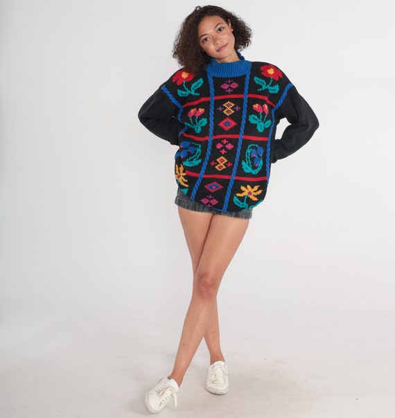 Checkered Floral Sweater 90s Pullover Cable Knit … - image 3