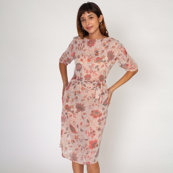 Sheer Floral Dress 70s Midi Dress Boho High Waisted Short Sleeve Summer Garden Party Flower Print Hippie Pink Cotton Vintage 1970s Small S