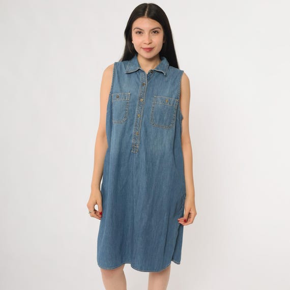 Y2K Denim Dress Blue Jean Sleeveless Vintage Cotton Collar Midi Button Front Pockets Mall Fashion 2000s Minimalist Cowgirl Extra Large XL