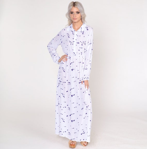 80s Maxi Dress White Paint Splatter Dress Purple Abstract Print Long Sleeve Button up Collared Shirtwaist Casual Vintage 1980s Small Medium