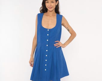 Cobalt Button Front Dress 90s Sleeveless Scoop Neck Pleated Skirt Royal Blue A Line Knee Length Cotton Sundress Vintage Large