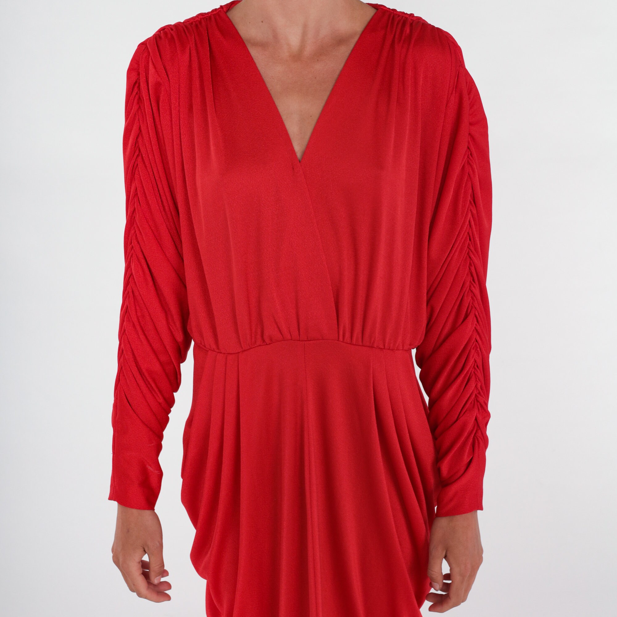 70s Disco Dress Red Party Dress Ruched Grecian Cocoon Midi Long Sleeve ...