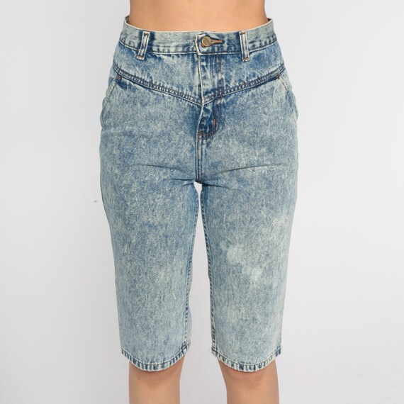 Denim Bermuda Shorts 90s Acid Wash Jean Shorts Retro High Waisted Knee Length Shorts Grunge Festival Streetwear 1990s Vintage Extra Small xs