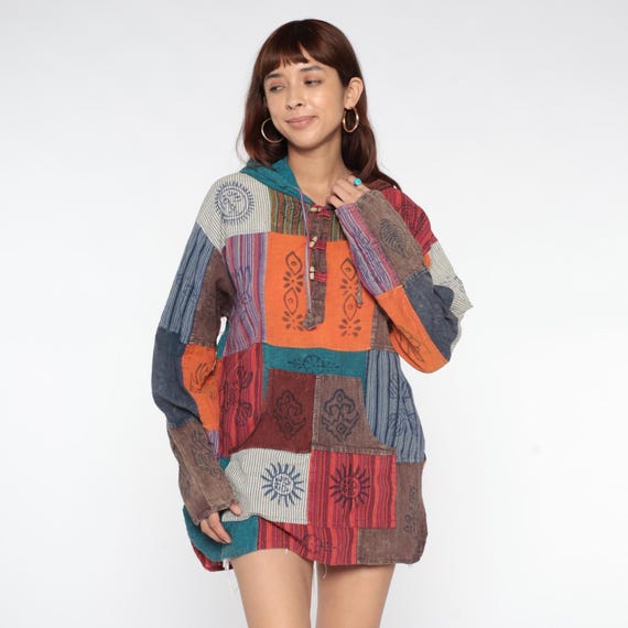 Y2K Patchwork Hoodie Grunge Hippie Block Print Cotton Button Front Drawstring Hood 90s Alternative Jacket Lightweight Medium Large ML