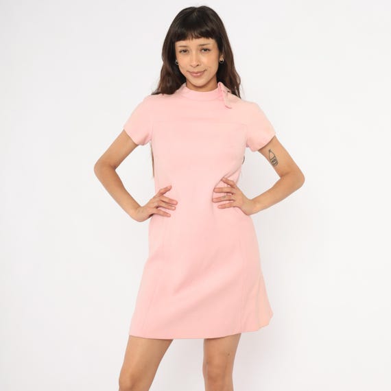 Distressed 60s Blush Pink Shift Dress Mod Mini A Line Short Sleeve Bow Tie Collar Rose Salmon Coquette Balletcore Vintage Extra Small XS