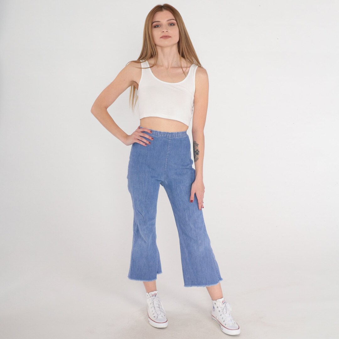 Small 1970s High Waisted Jeans Hippie Bell Bottoms Embroidered Pockets