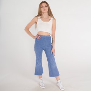 Bell Bottom Jeans 70s Denim Jeans Cropped Flared Pants High Waisted Rise Raw Hem Hippie Blue Jean Vintage 1970s Extra Small xs Petite 24