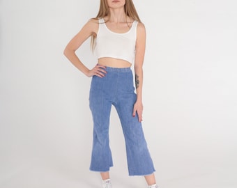 Bell Bottom Jeans 70s Denim Jeans Cropped Flared Pants High Waisted Rise Raw Hem Hippie Blue Jean Vintage 1970s Extra Small xs Petite 24