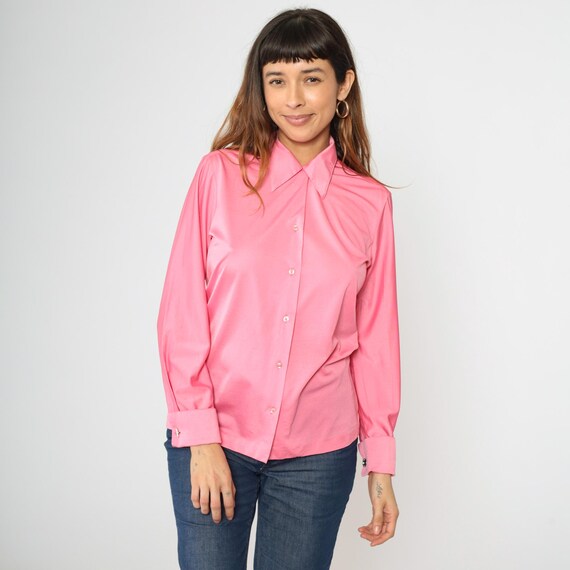70s Shiny Pink Top Vintage Dagger Collar Disco Shirt Button Up Cufflinks Long Sleeve 1970s Collared Plain Medium M