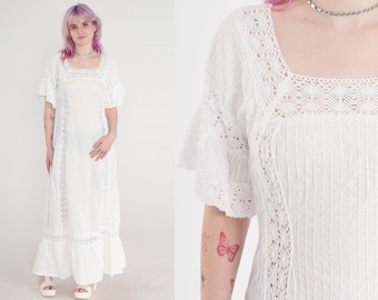70s Mexican Dress White Mexican Wedding Crochet LACE Pintuck Sheer Bell Sleeve Maxi Boho Hippie Vintage Bohemian Cotton Extra Small xs