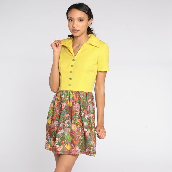 Mod Mini Dress 60s 70s Floral Dress Jungle Boho Dress Hippy 1970s Vintage Bohemian High Waisted Short Sleeve Hippie Yellow Small Medium