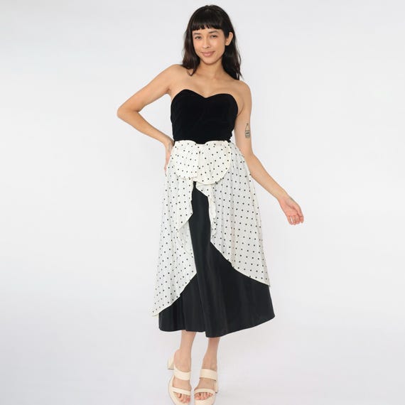 Vintage Strapless Polka Dot Dress 80s Black Velvet Sweetheart Neckline White Bow Contrast Skirt Midi Party Gown 1980s Evening Extra Small xs