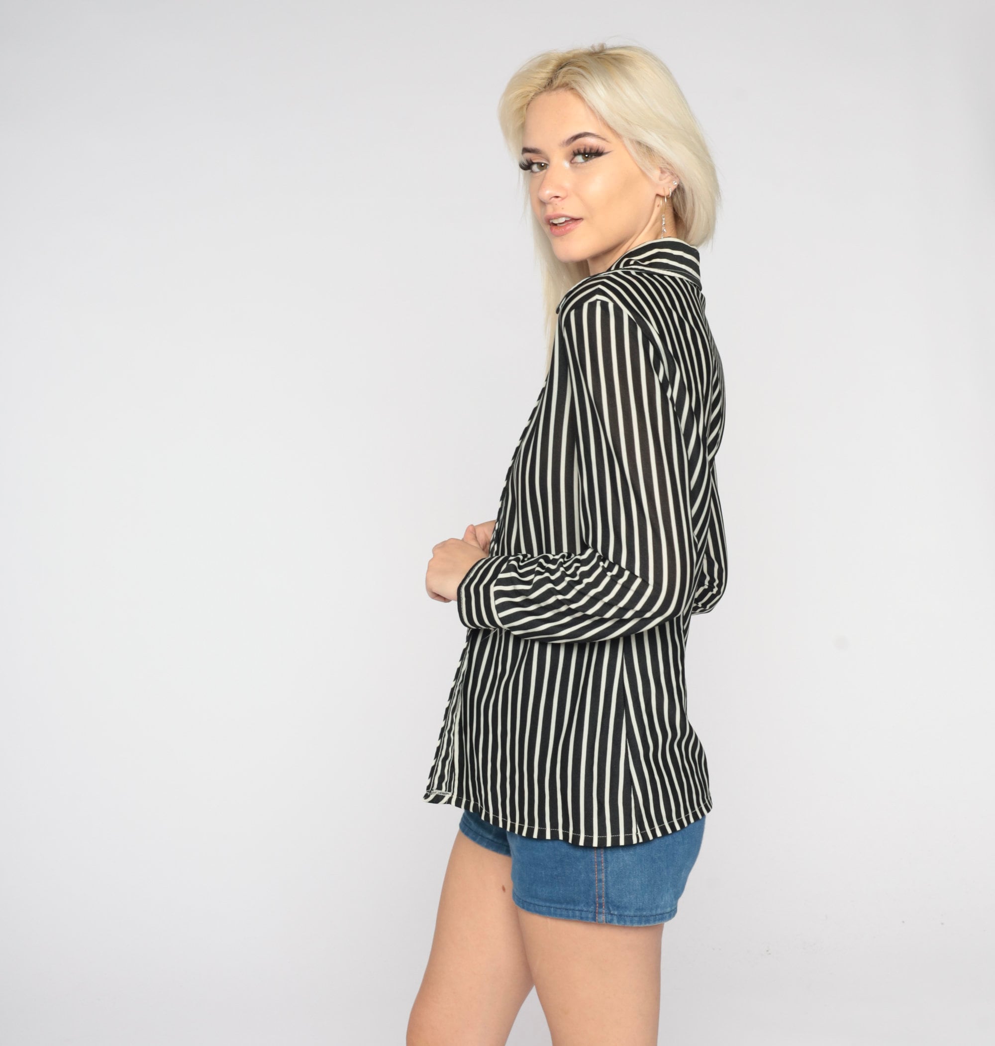 70s Striped Shirt Black White Button Up Top Retro Disco Shirt Pointed