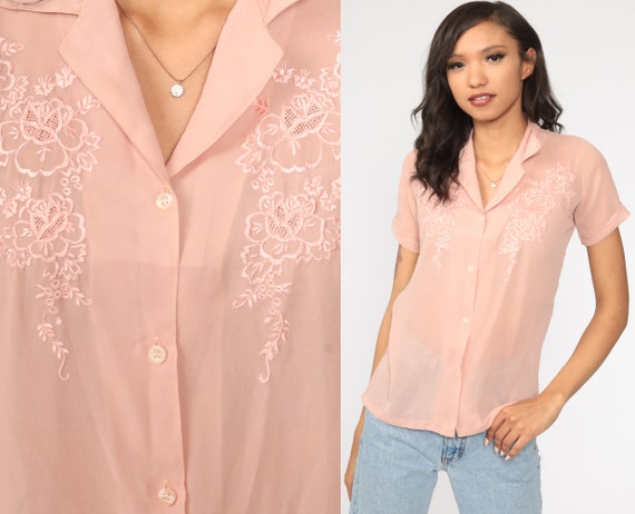Pink Chiffon Shirt Embroidered Blouse Sheer Top Sh