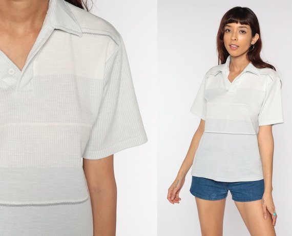 Striped Polo Shirt 70s Grey Shirt Half Button Up Shirt Tan Polo Shirt Collared 1970s Stripes Nerd Retro Vintage Hipster Small S