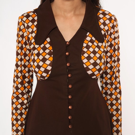 70s Mini Mod Geometric Diamond Pattern Dress Brow… - image 2