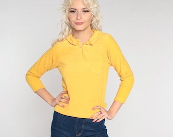 Yellow Terry Cloth Shirt Y2K Collar Polo Shirt Long Sleeve Collared Blouse Vintage 00s Retro Normcore Basics Extra Small xs Petite