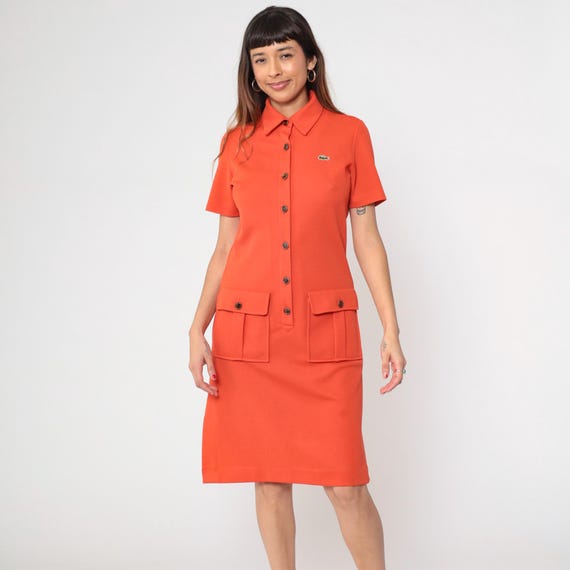60s Lacoste Dress David Crystal Orange Polo Short Sleeve Button Front Pique Knit Pockets Mod Preppy Tennis Vintage Lacoste Style Medium M