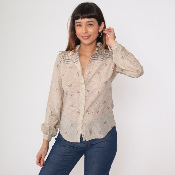 Checkered Floral Blouse 70s Button up Shirt Brown Western Yoke Flower Top Long Sleeve Retro Hippie Boho Dagger Collar Vintage 1970s Medium
